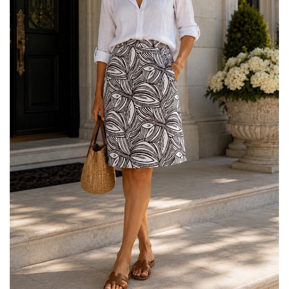 Talbots 100% Irish Linen Skirt Sz 8 Midi A Line Botanical Print Quiet Luxury